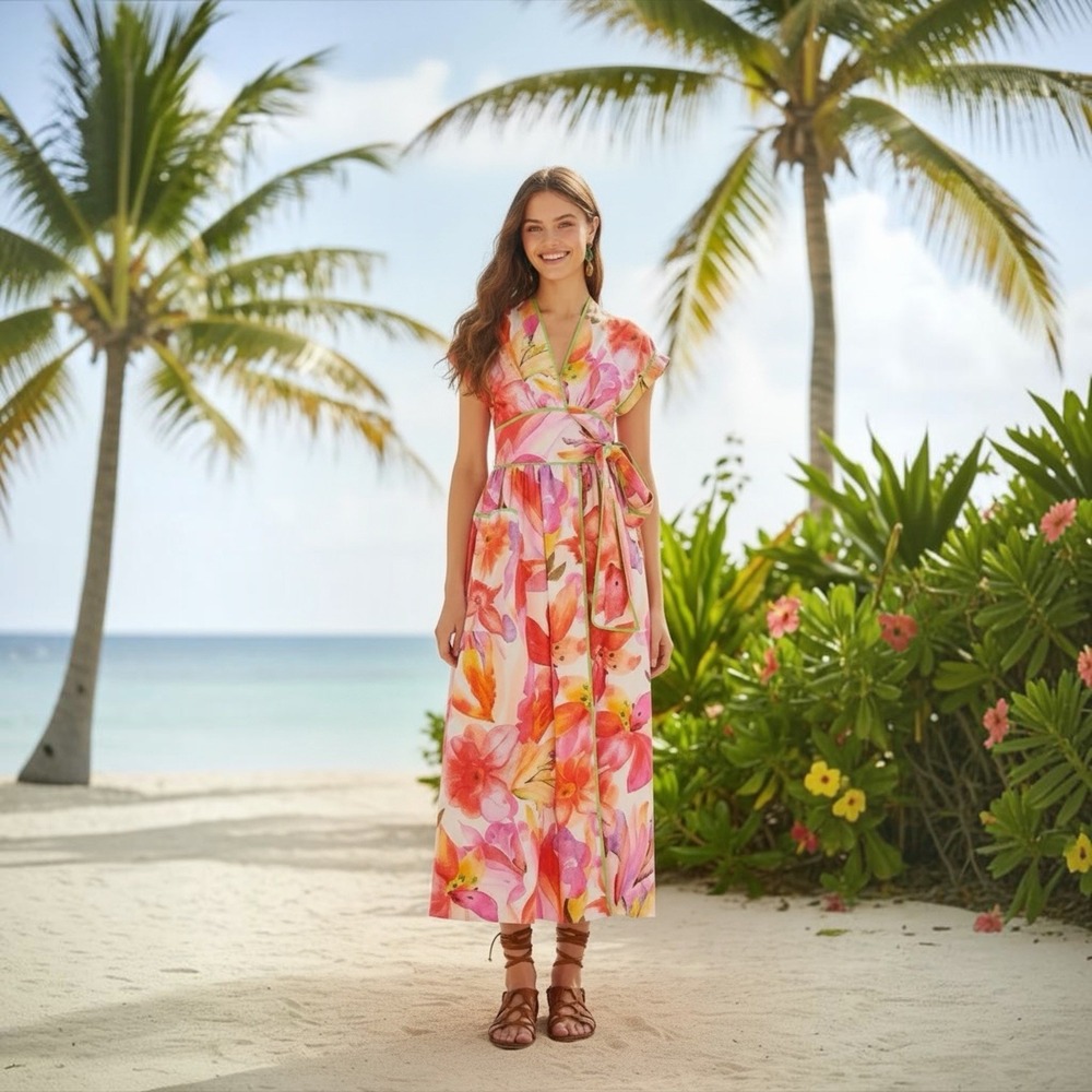 Farm Rio Multicolor Artsy Flora Belted Maxi Wrap Dress Size Medium New with Tags